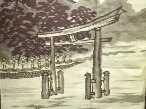 アンティーク　厳島神社模様織り出し緞子肩裏紋付羽二重男物羽織